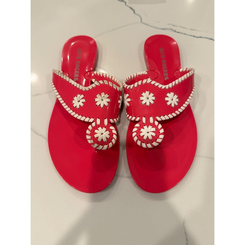 Jack Rogers Jelly Sandals Pink White Whipstitch Thong Women's 9 EUC